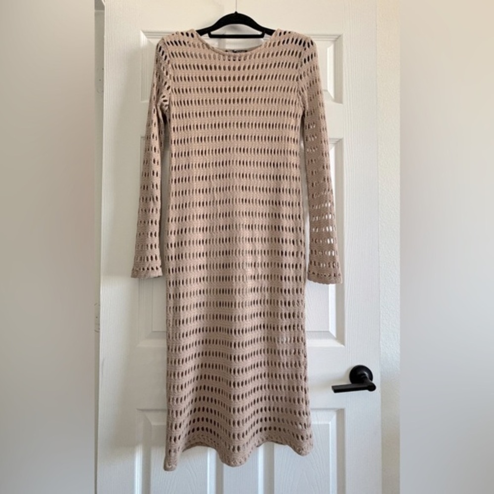 NWOT Zara Tan Ribbed Long Sleeve Crochet  Fully Lined Dress